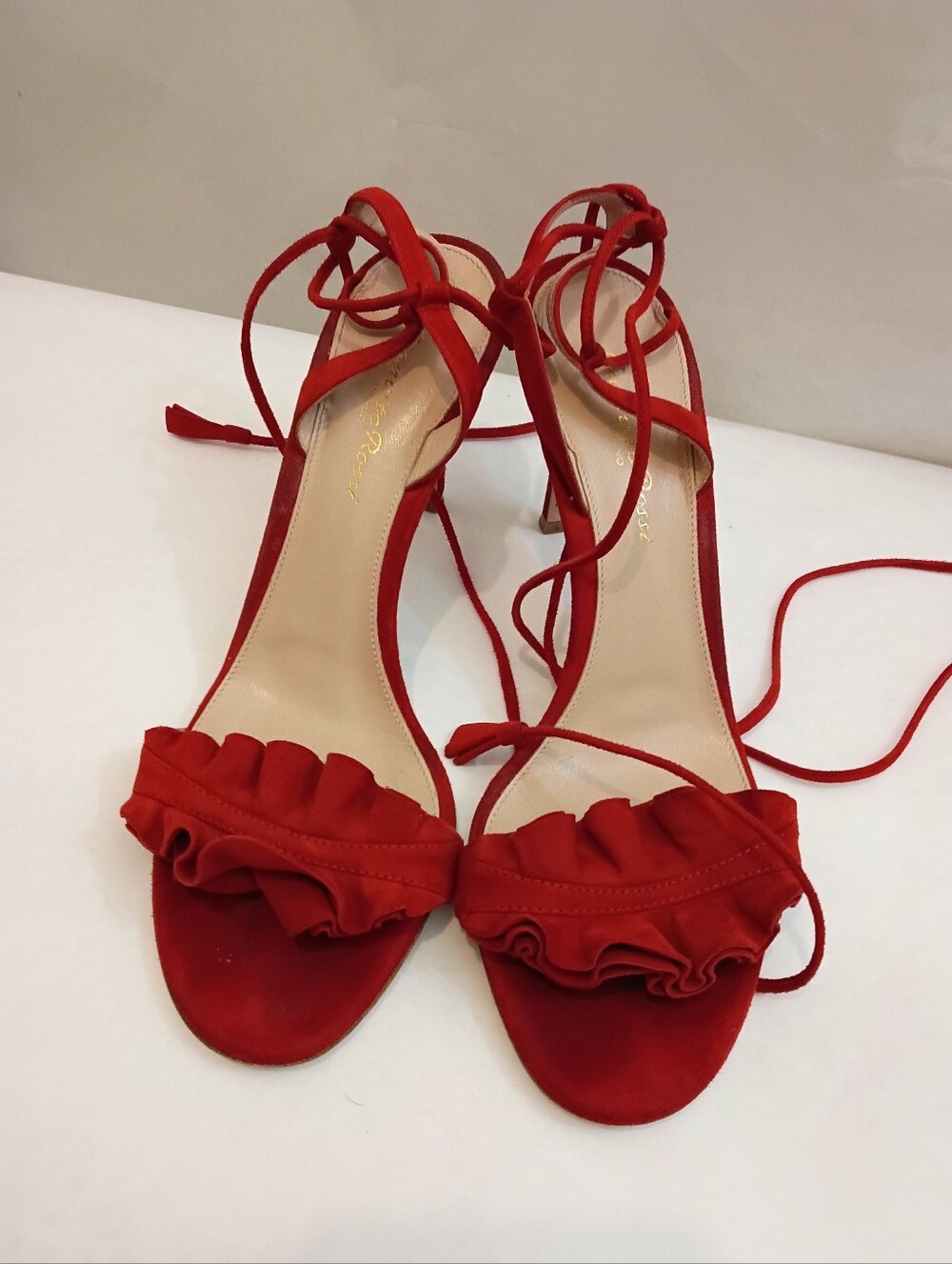 Gianvito Rossi Flora  Suede Lace-Up Heels Red  Size 38